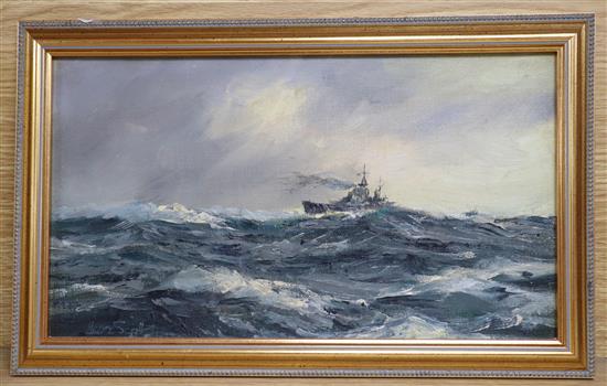 Henry Scott, oil on canvas board, Battleship at sea, signed, 19.5 x 35cm